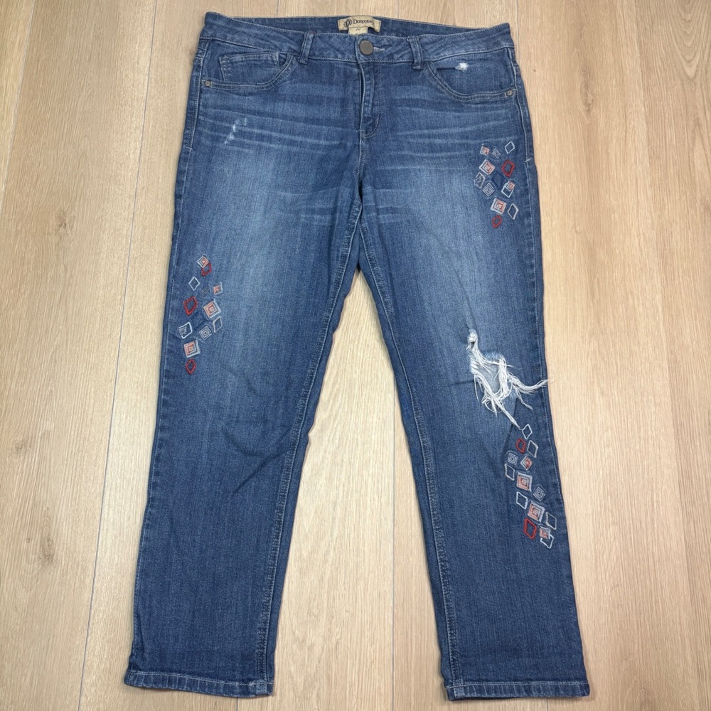 Democracy Girlfriend Jeans Womens‎ 12 Medium Wash Embroidered Distressed Denim